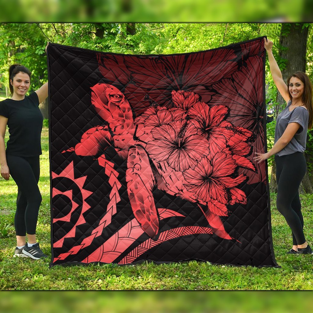 Hawaiian - Hawaii Turtle Hibiscus Polynesian Vintage Premium Quilts - Red - AH Black - Polynesian Pride