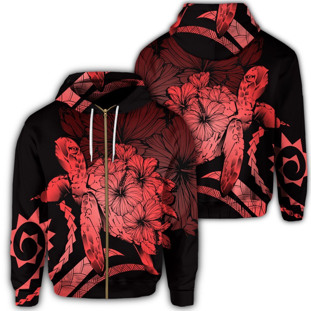 Hawaiian Hawaii Turtle Hibiscus Polynesian Vintage Zip Hoodie Red Unisex Art - Polynesian Pride
