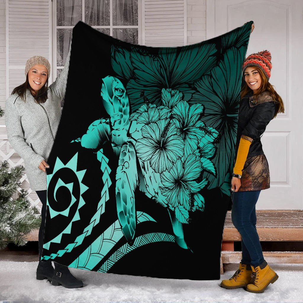 Hawaii Blanket - Hawaii Turtle Hibiscus Polynesian Vintage Premium Blankets - Turquoise - AH - Polynesian Pride