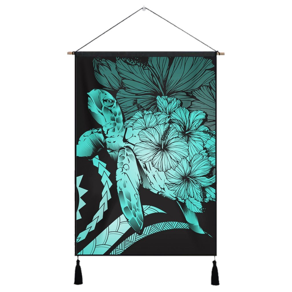 Hawaiian - Hawaii Turtle Hibiscus Polynesian Vintage Hanging Poster - Turquoise - AH Hanging Poster Cotton And Linen - Polynesian Pride