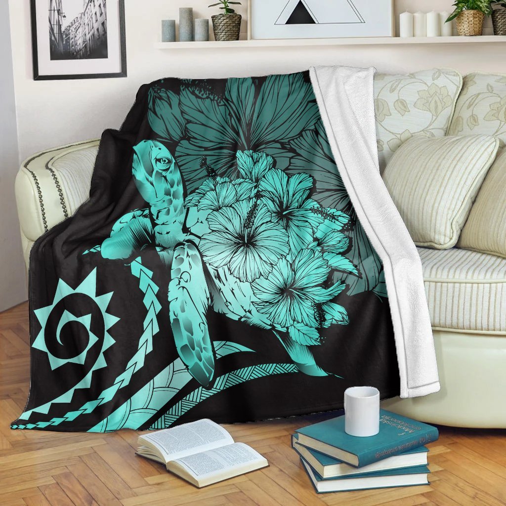 Hawaii Blanket - Hawaii Turtle Hibiscus Polynesian Vintage Premium Blankets - Turquoise - AH White - Polynesian Pride