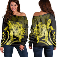 Hawaiian - Hawaii Turtle Hibiscus Polynesian Vintage Women's Off Shoulder Sweater - Yellow - AH Black - Polynesian Pride