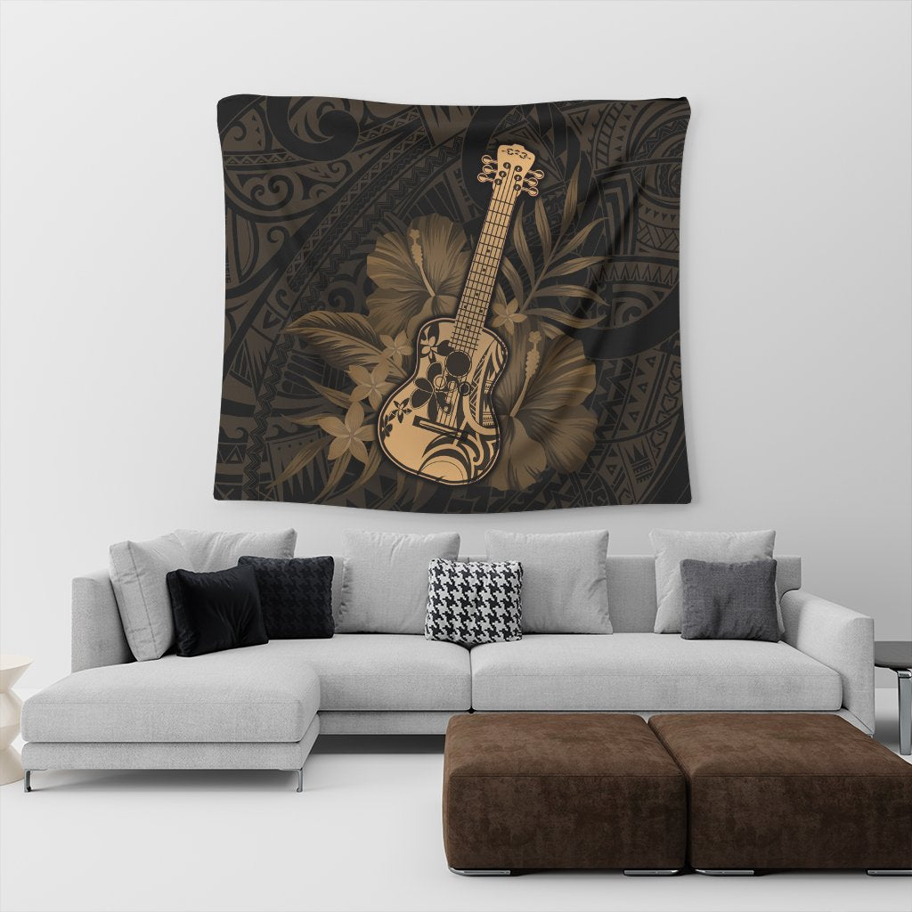 Hawaiian - Hawaii Ukulele Flower Tapestry - Gold - AH - Polynesian Pride