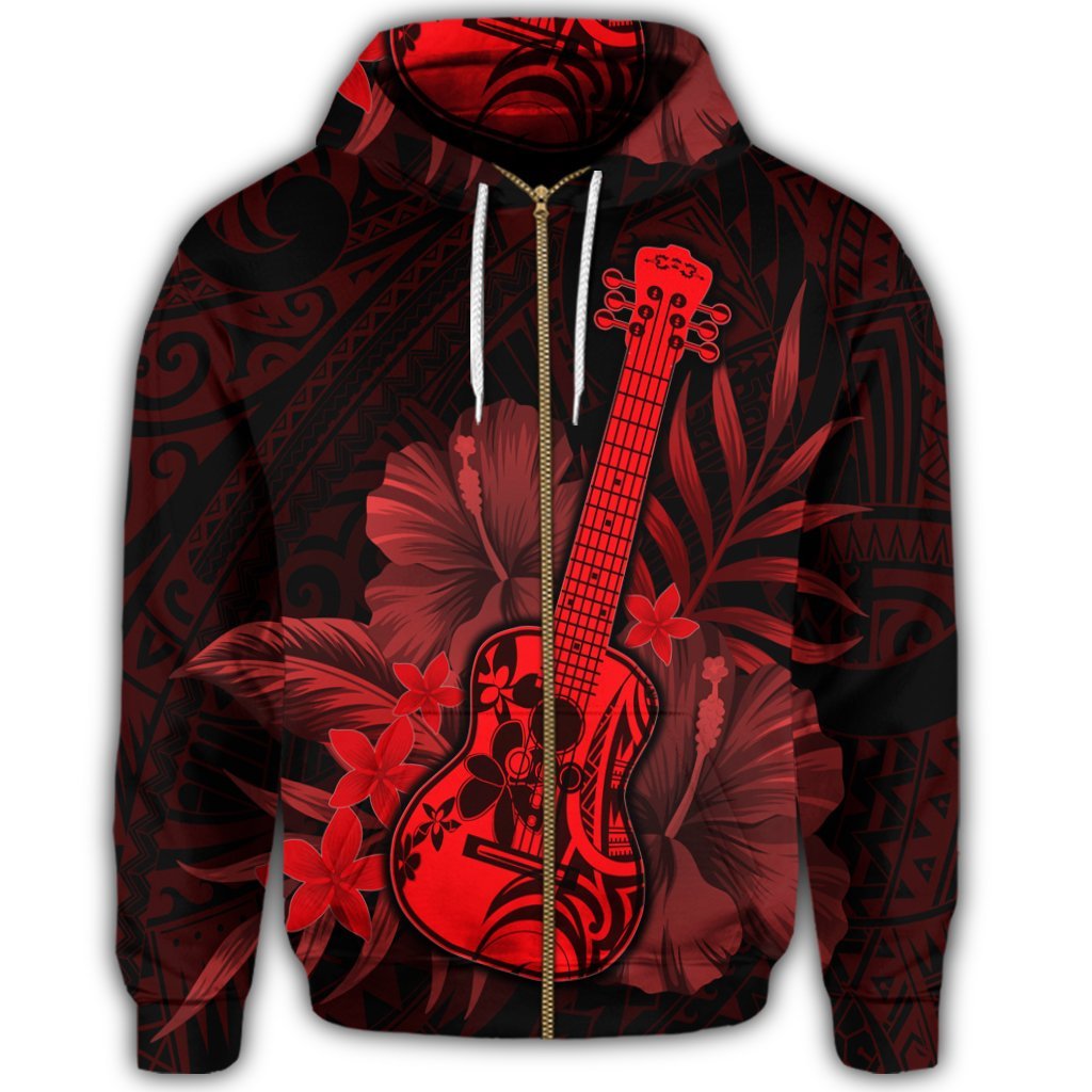 Hawaiian Hawaii Ukulele Flower Zip Hoodie Red - Polynesian Pride