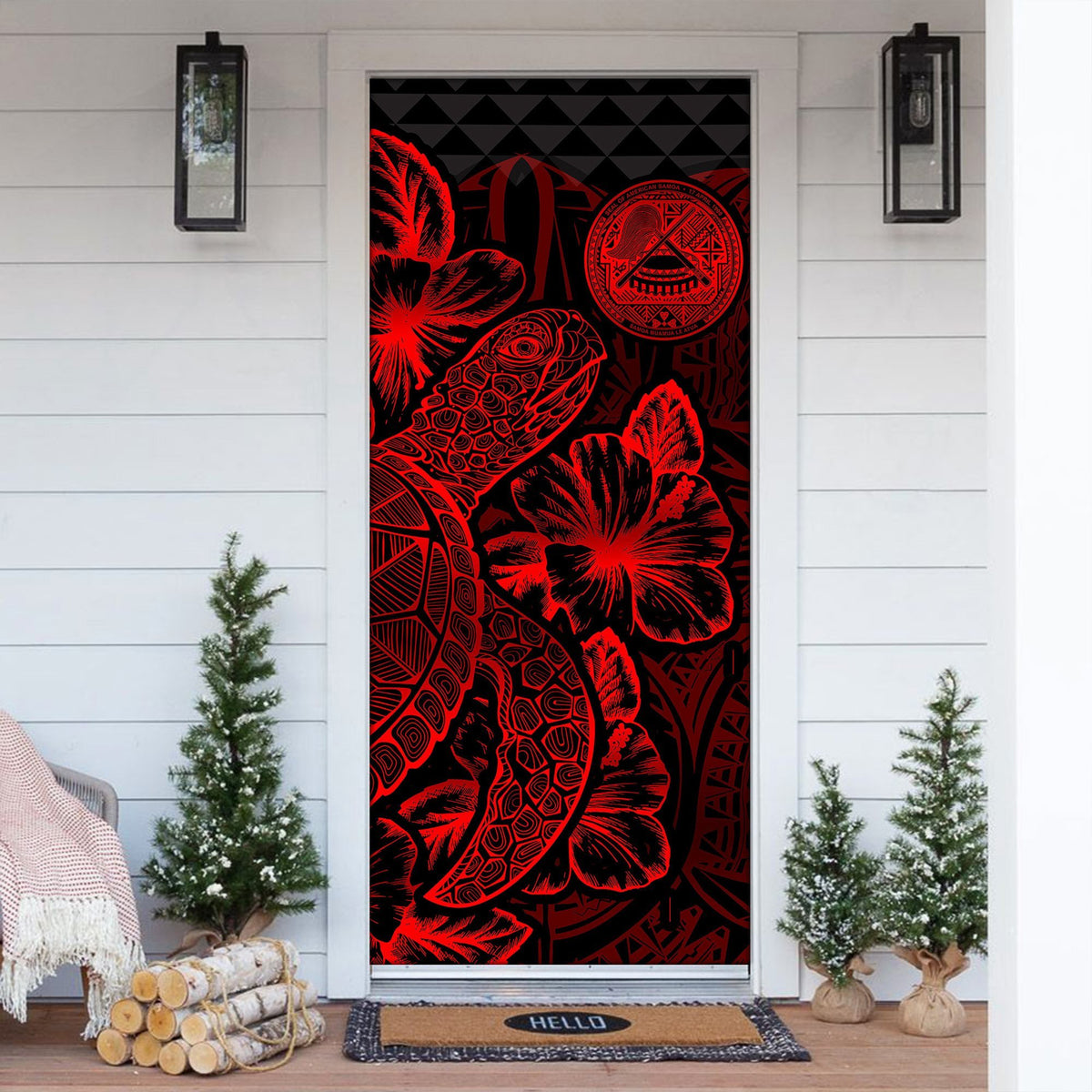 American Samoa Door Cover Turtle Hibiscus Red - Polynesian Pride
