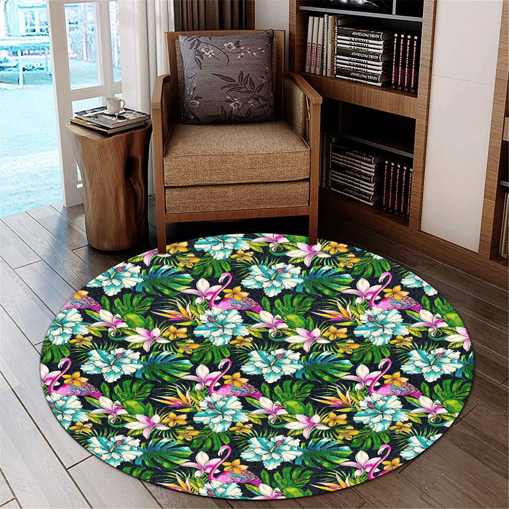 Animals And Tropical Flowers Round Carpet - AH Round Carpet Luxurious Plush - Polynesian Pride