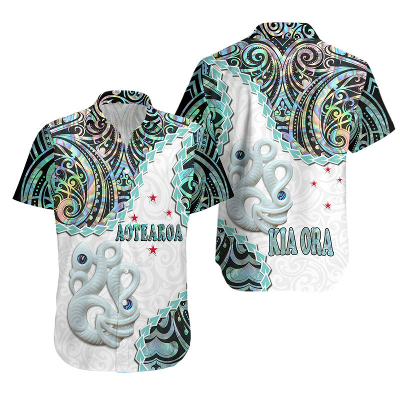 New Zealand Maori Hawaiian Shirt Aotearoa Manaia Basic Paua Shell - Kia Ora LT9 White - Polynesian Pride