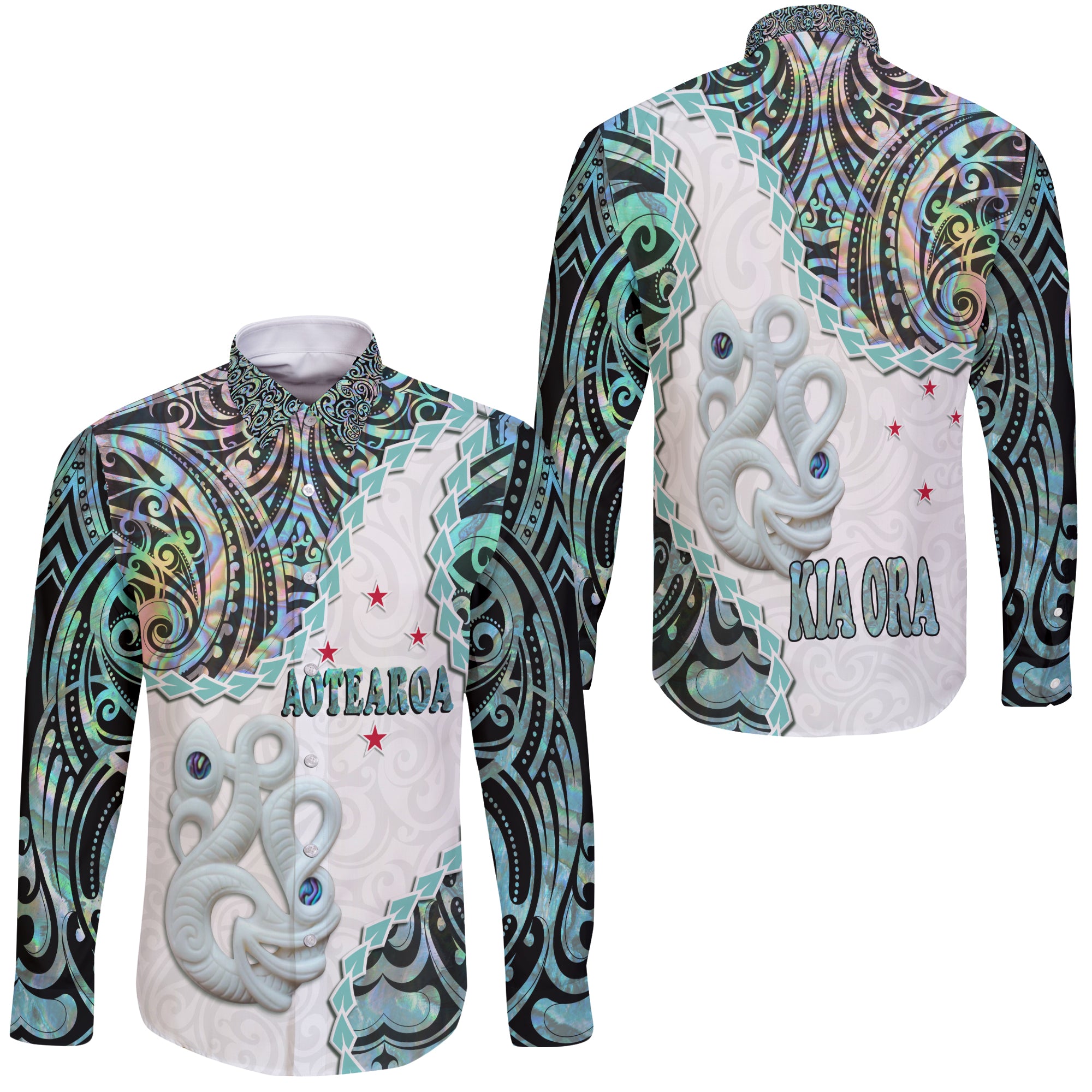 New Zealand Maori Hawaii Long Sleeve Button Shirt Aotearoa Manaia Basic Paua Shell - Kia Ora LT9 Unisex White - Polynesian Pride