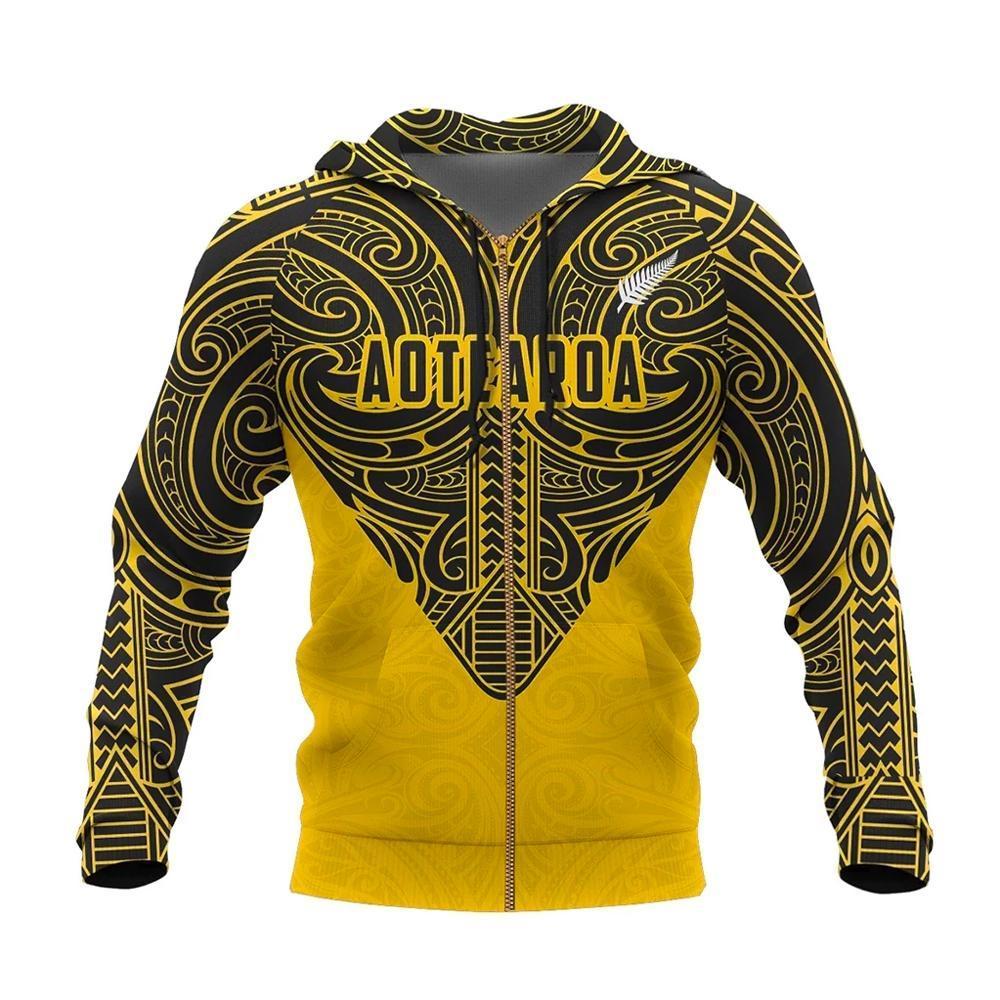 Aotearoa Hoodie Maori Pattern Rugby Style Zip up Unisex Yellow - Polynesian Pride