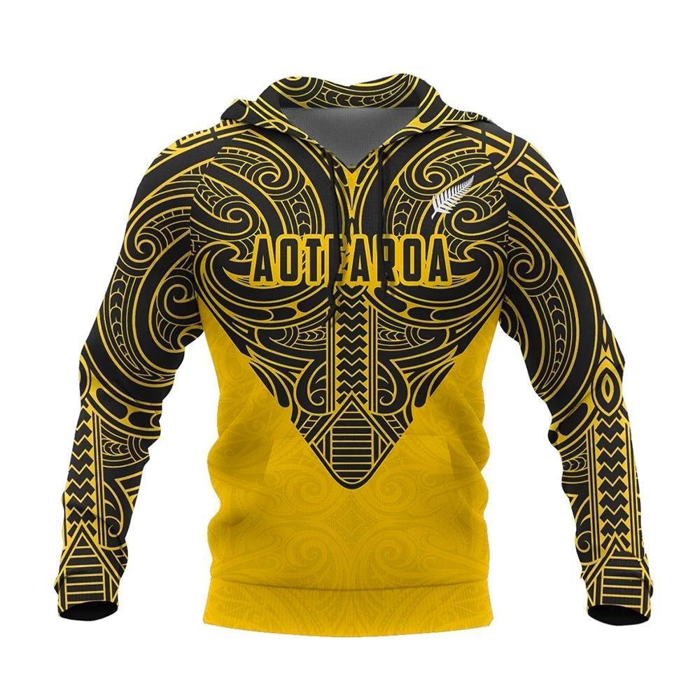 Aotearoa Hoodie Maori Pattern Rugby Style Unisex Yellow - Polynesian Pride