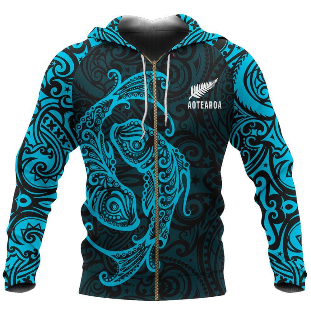 Aotearoa Zip up Hoodie Maori Pisces Unisex Blue - Polynesian Pride