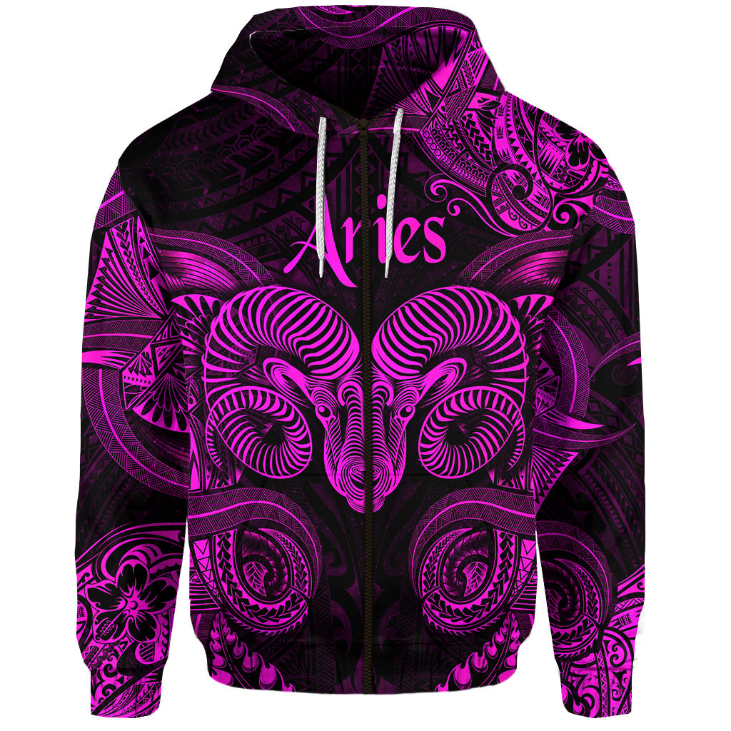 Custom Aries Zodiac Polynesian Zip Hoodie Unique Style Pink LT8 - Polynesian Pride