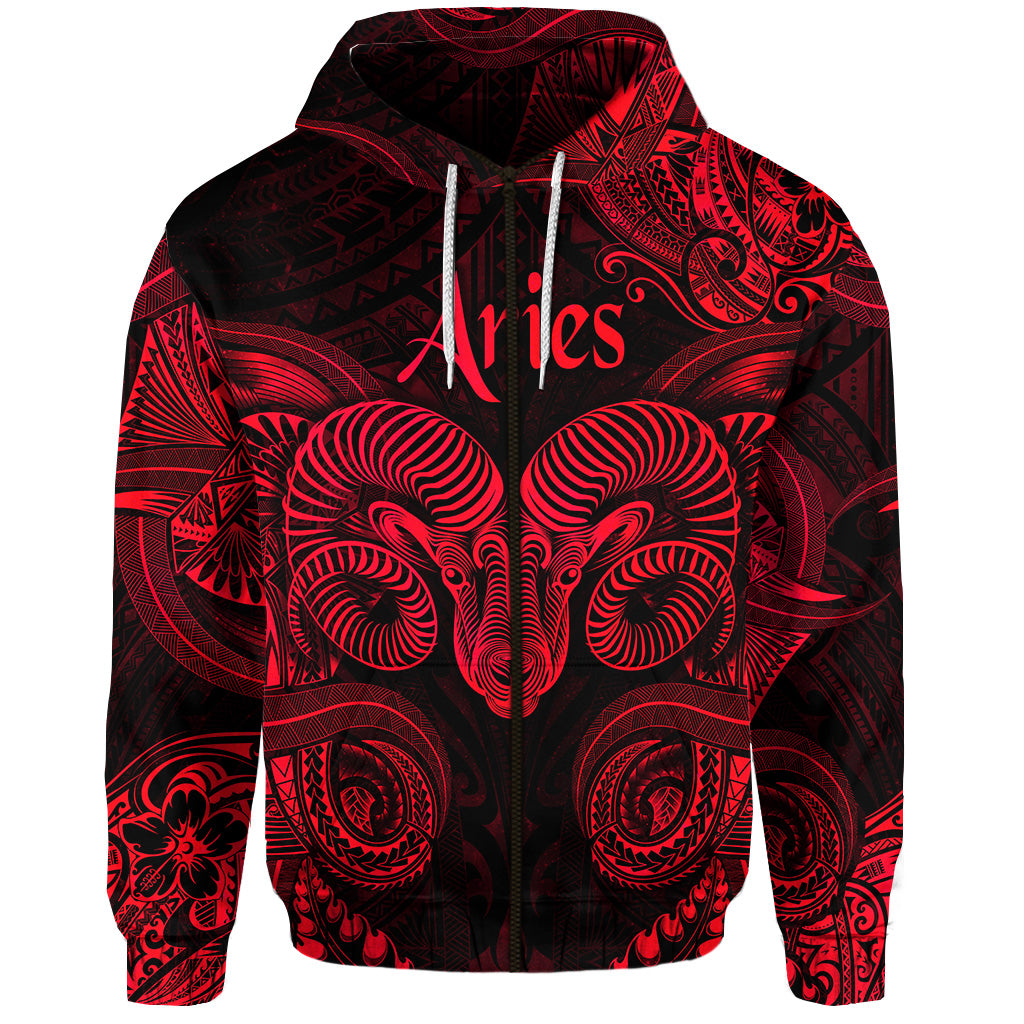 Aries Zodiac Polynesian Zip Hoodie Unique Style Red LT8 Red - Polynesian Pride