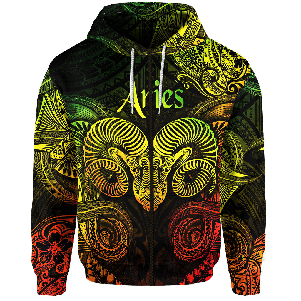 Custom Aries Zodiac Polynesian Zip Hoodie Unique Style Reggae LT8 - Polynesian Pride