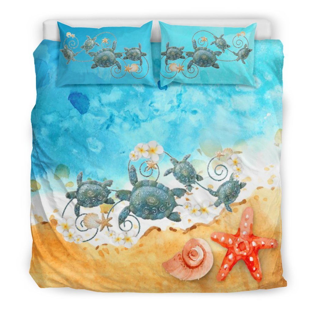 Hawaiian Duvet Cover Set - Plumeria Turtles On Beach - Polynesian Pride