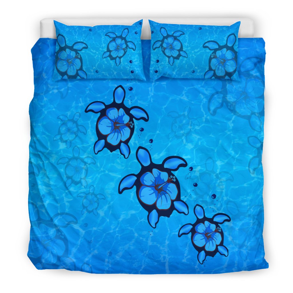Hawaiian Turtle Swim In The OCean With Hibiscus Polynesian Bedding Set - Polynesian Pride