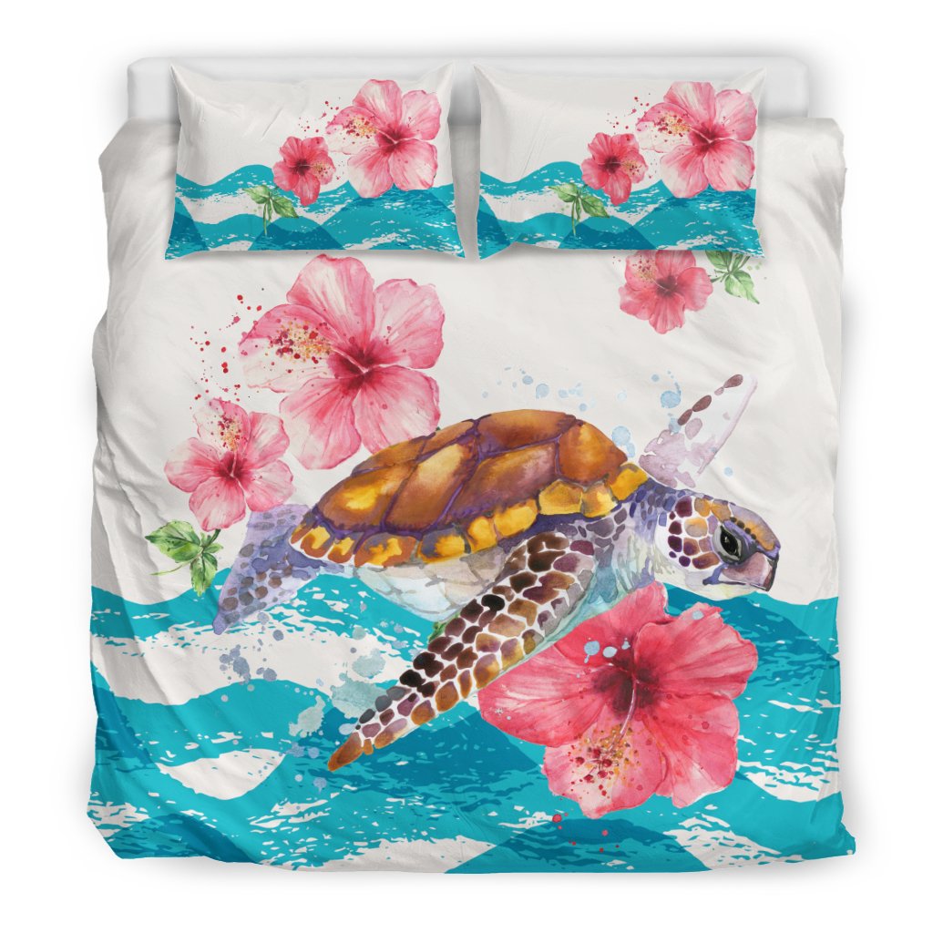 Hawaiian Turtle Hibiscus Waves Polynesian Bedding Set - Polynesian Pride