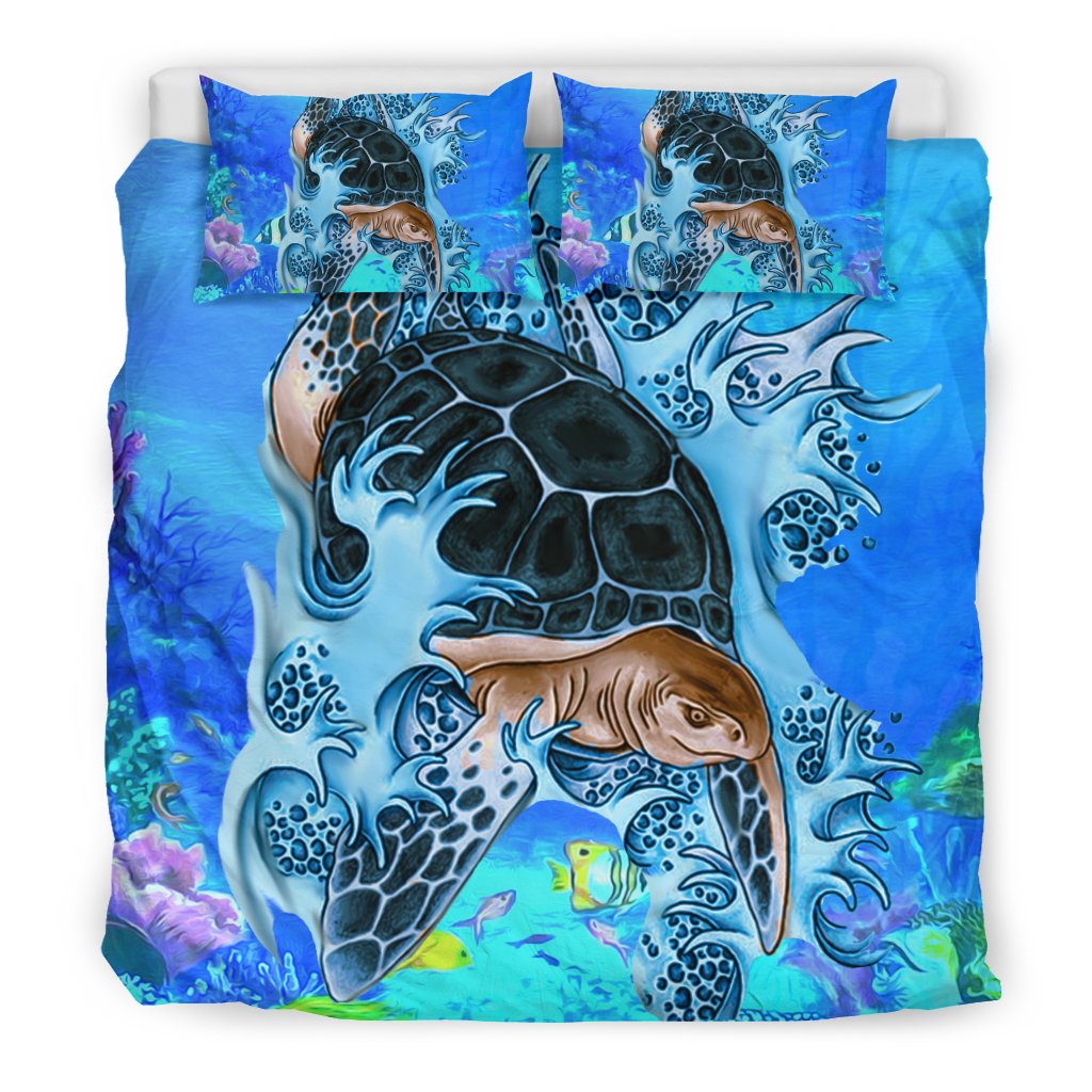 Hawaiian Big Turtle Swim In The Sea Polynesian Bedding Set - Polynesian Pride