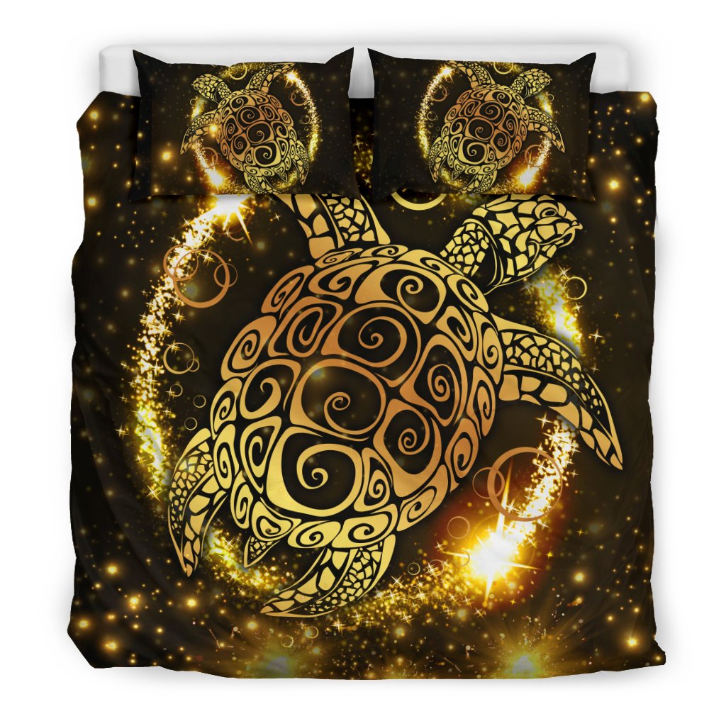 Turtle Golden Hawaiian Duvet Cover Set Black - Polynesian Pride