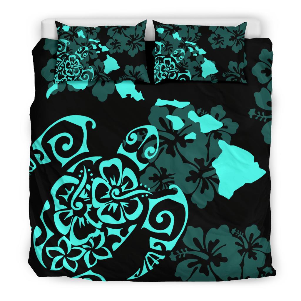 Hawaiian Map Turtle Hibiscus Plumeria Polynesian Blue Bedding Set - Polynesian Pride