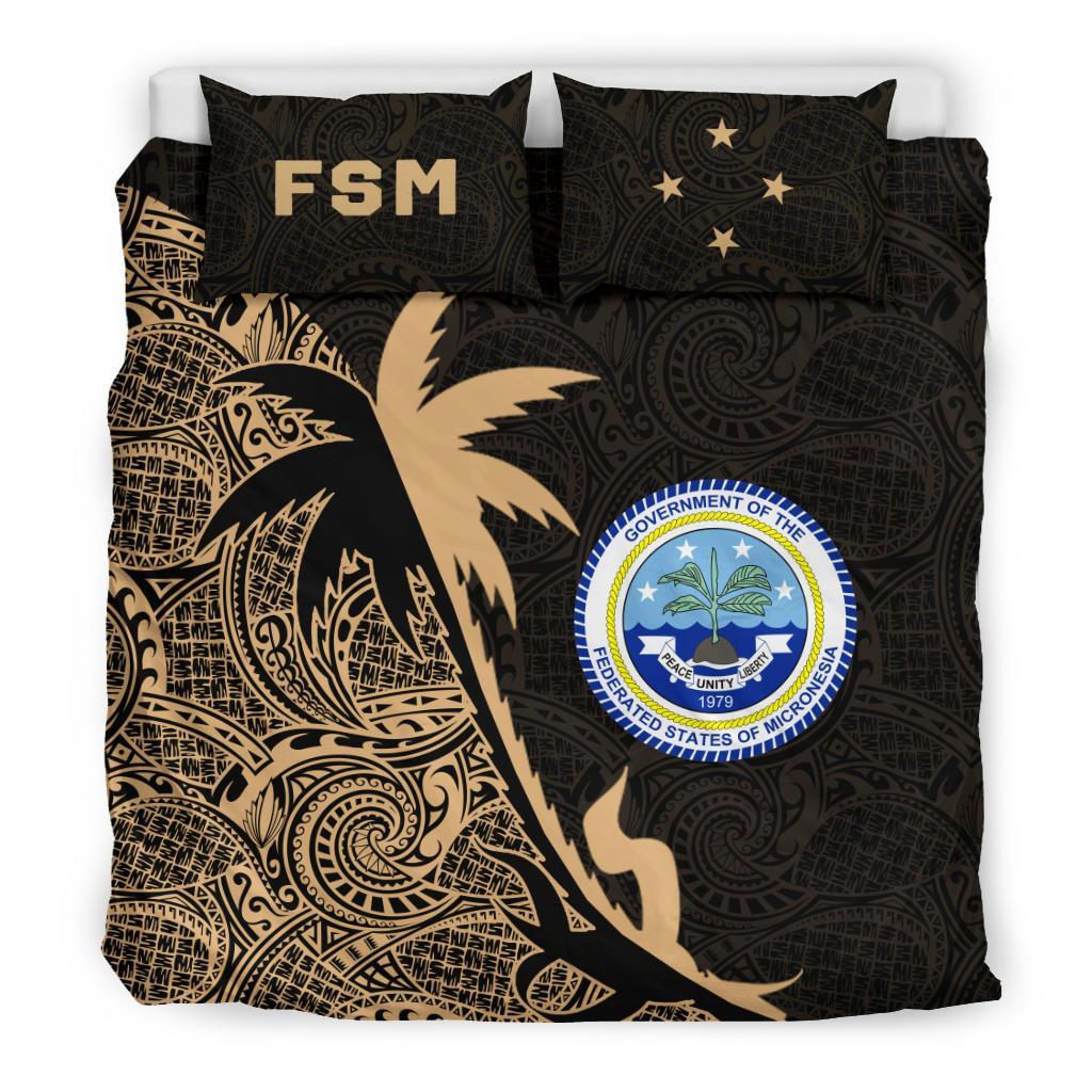 Federated States Of Micronesia Duvet Cover Set - Federated States Of Micronesia Coat Of Arms & Coconut Tree Gold Black - Polynesian Pride