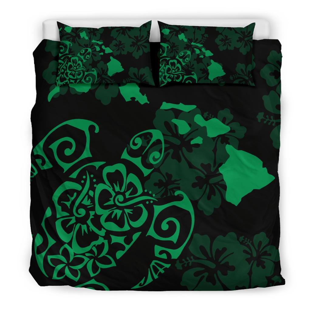 Hawaiian Map Turtle Hibiscus Green Bedding Set - Polynesian Pride