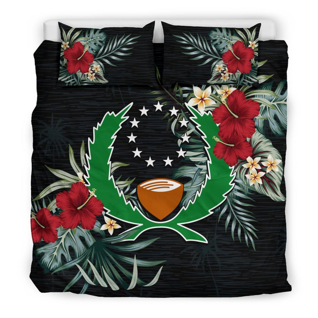 Pohnpei Duvet Cover Set - Pohnpei Coat Of Arms Hibiscus Black - Polynesian Pride