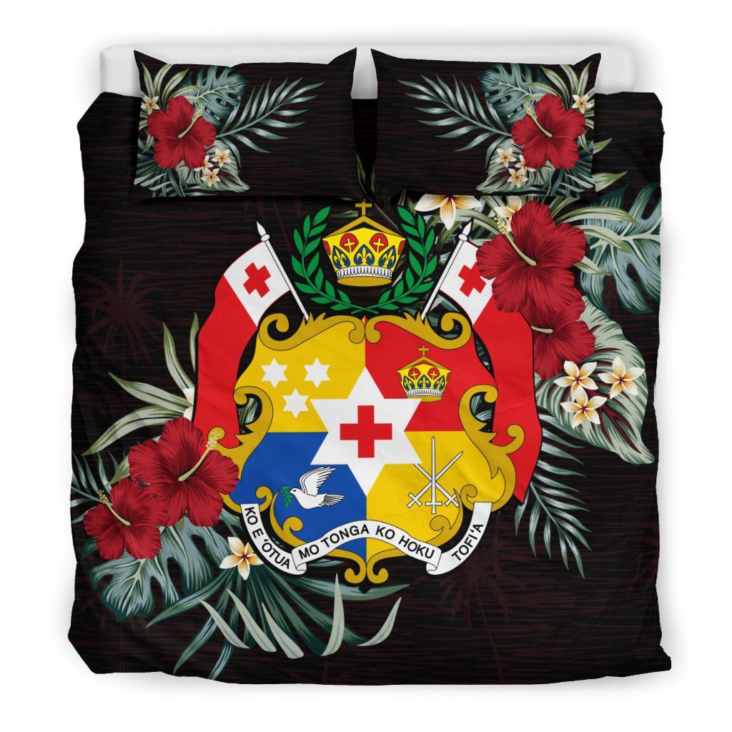 Tonga Duvet Cover Set - Tonga Coat Of Arms Hibiscus Black - Polynesian Pride