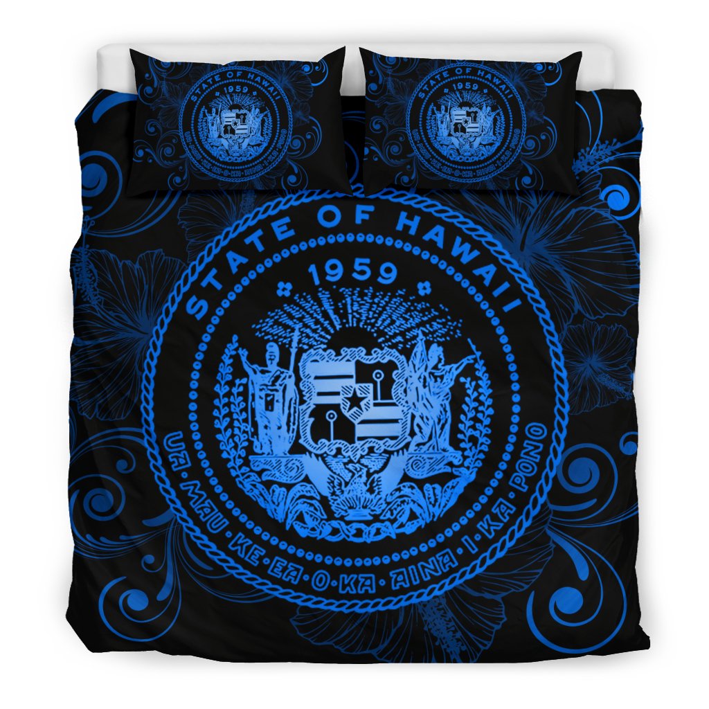 Hawaiian Hibiscus Flag Coat Of Arms Polynesian Bedding Set Blue - Royal Style - Polynesian Pride