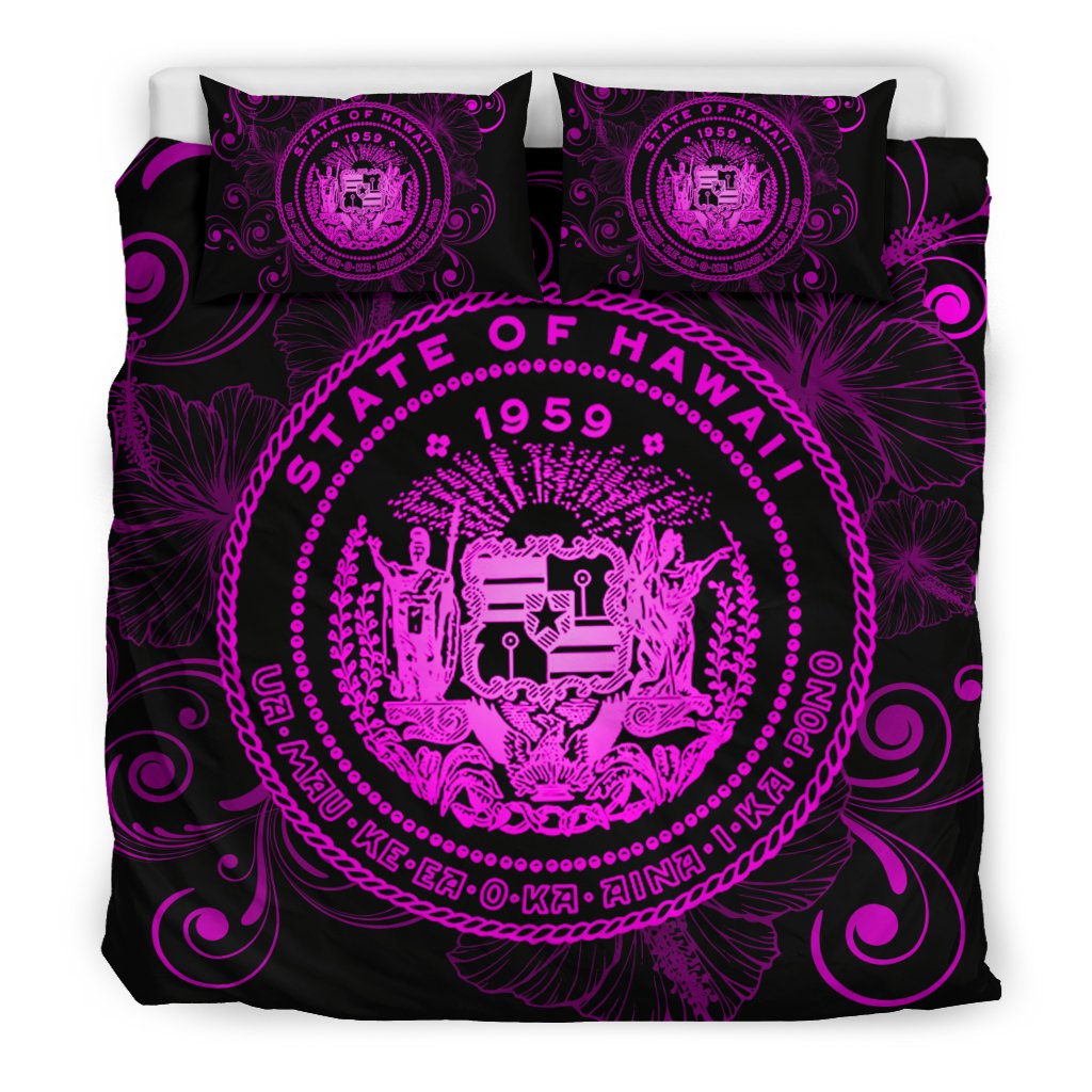 Hawaiian Hibiscus Flag Coat Of Arms Polynesian Bedding Set Pink - Royal Style - Polynesian Pride