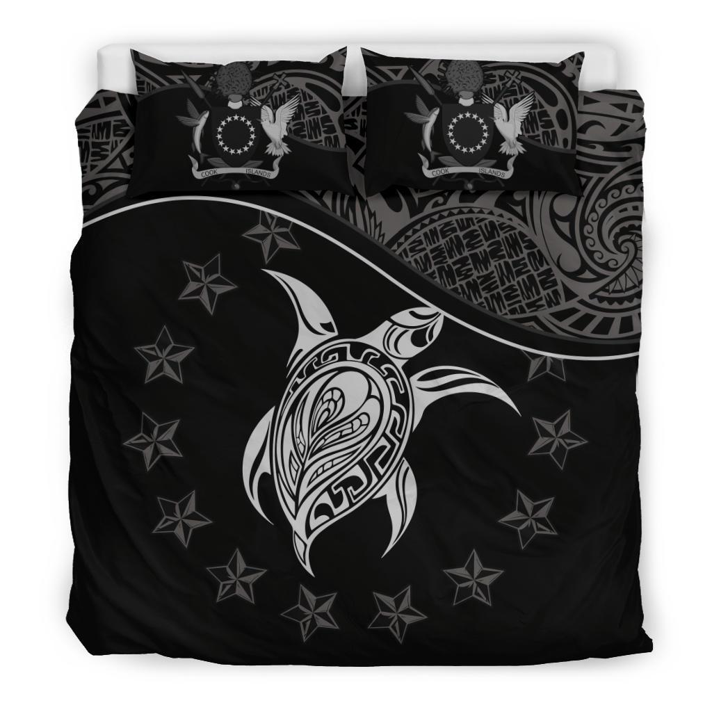 Cook Island Duvet Cover Set - Cook Island Flag & Turtle Tattoo Black Black - Polynesian Pride
