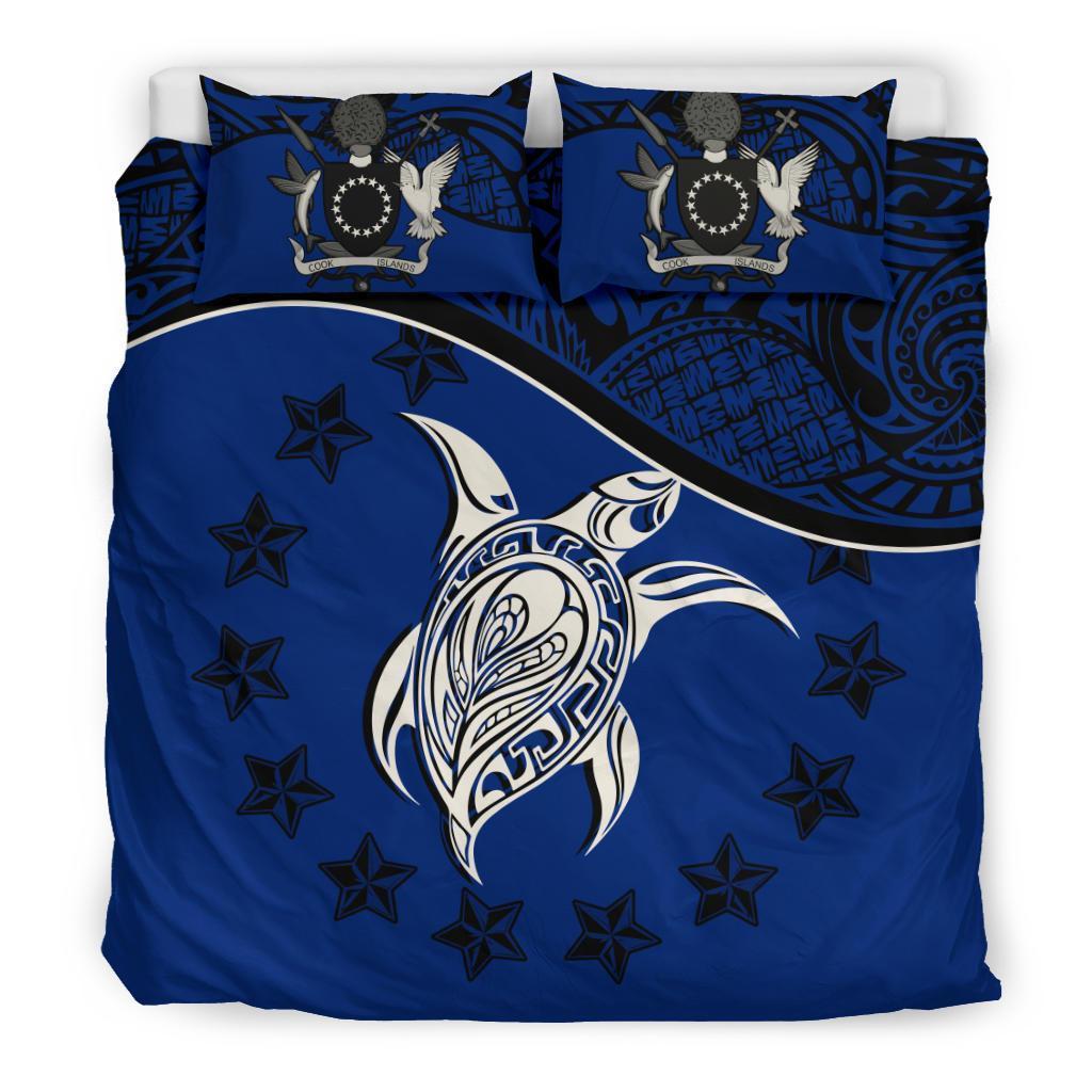 Cook Island Duvet Cover Set - Cook Island Flag & Turtle Tattoo Dark Blue Blue - Polynesian Pride