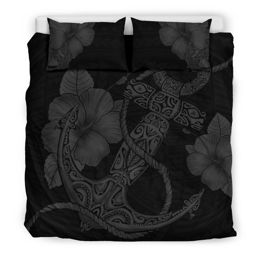 Hawaiian Anchor Poly Tribal Hibiscus Polynesian Bedding Set Gray - Polynesian Pride