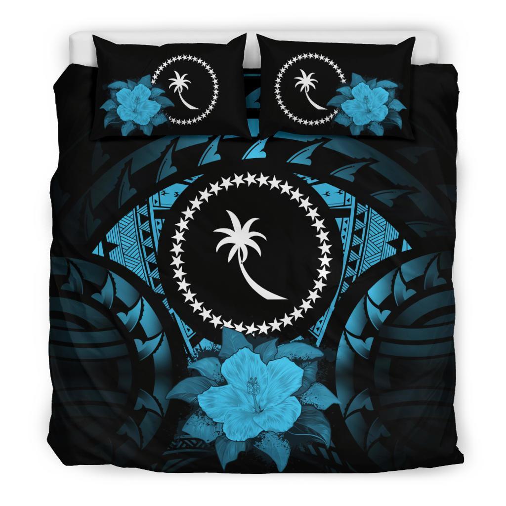 Chuuk Duvet Cover Set - Chuuk Flag & Blue Hibiscus Blue - Polynesian Pride