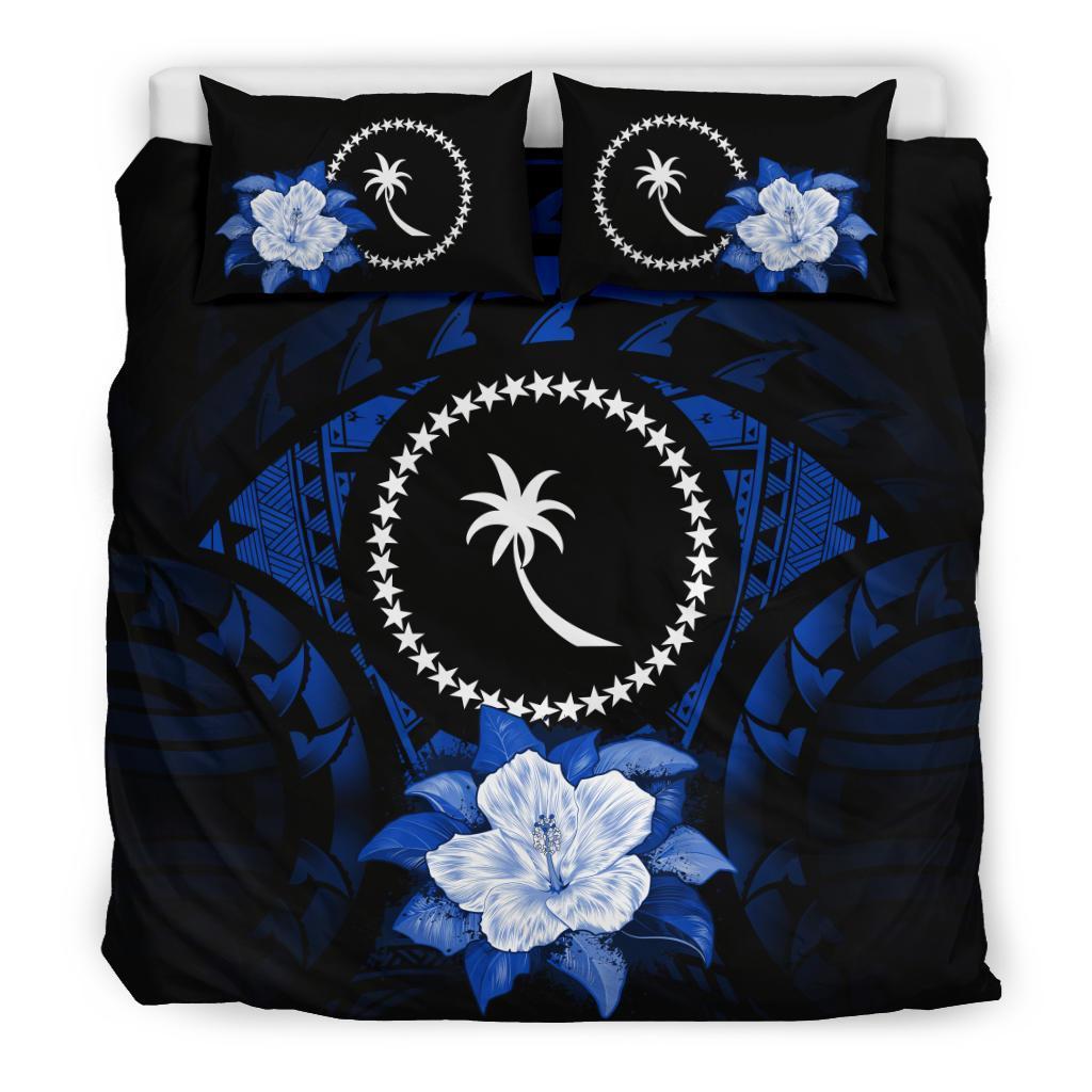 Chuuk Duvet Cover Set - Chuuk Flag & Dark Blue Hibiscus Blue - Polynesian Pride