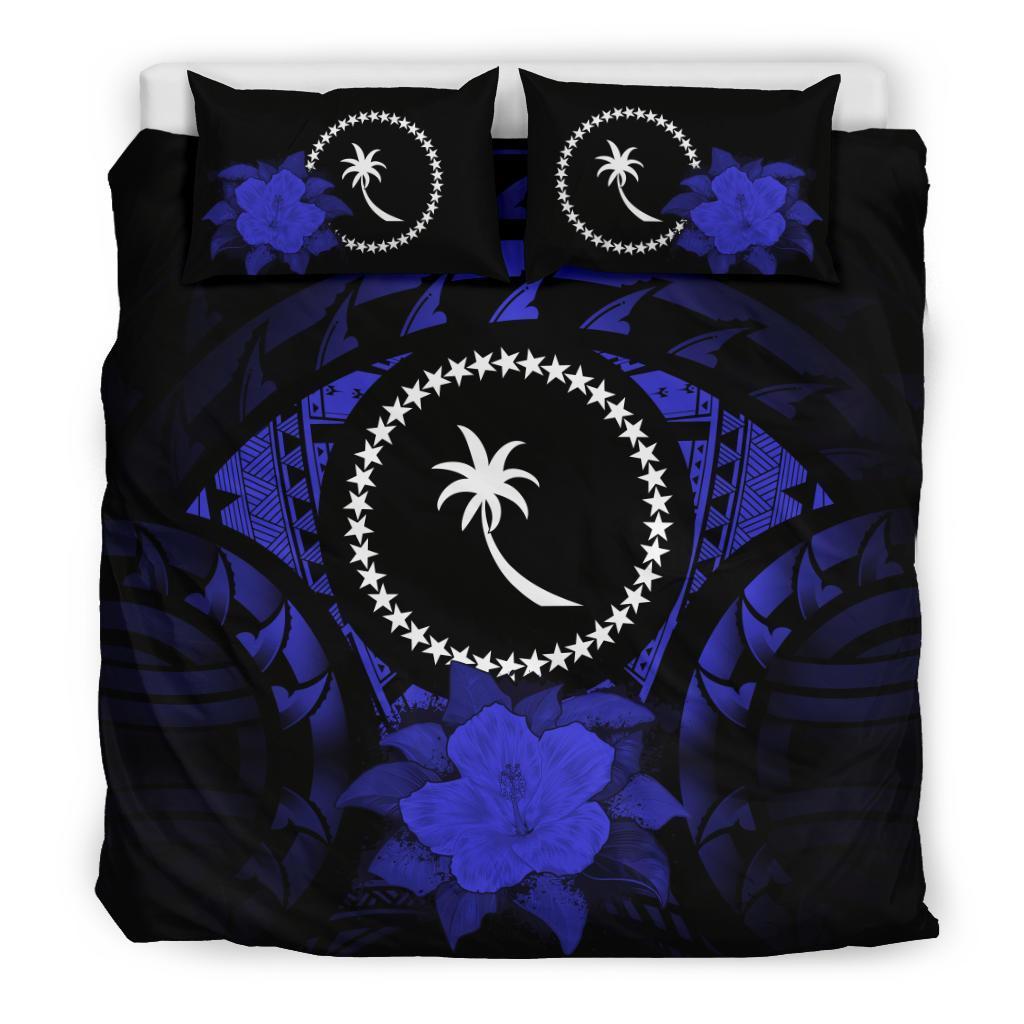 Chuuk Duvet Cover Set - Chuuk Flag & Dark Blue Hibiscus Blue - Polynesian Pride