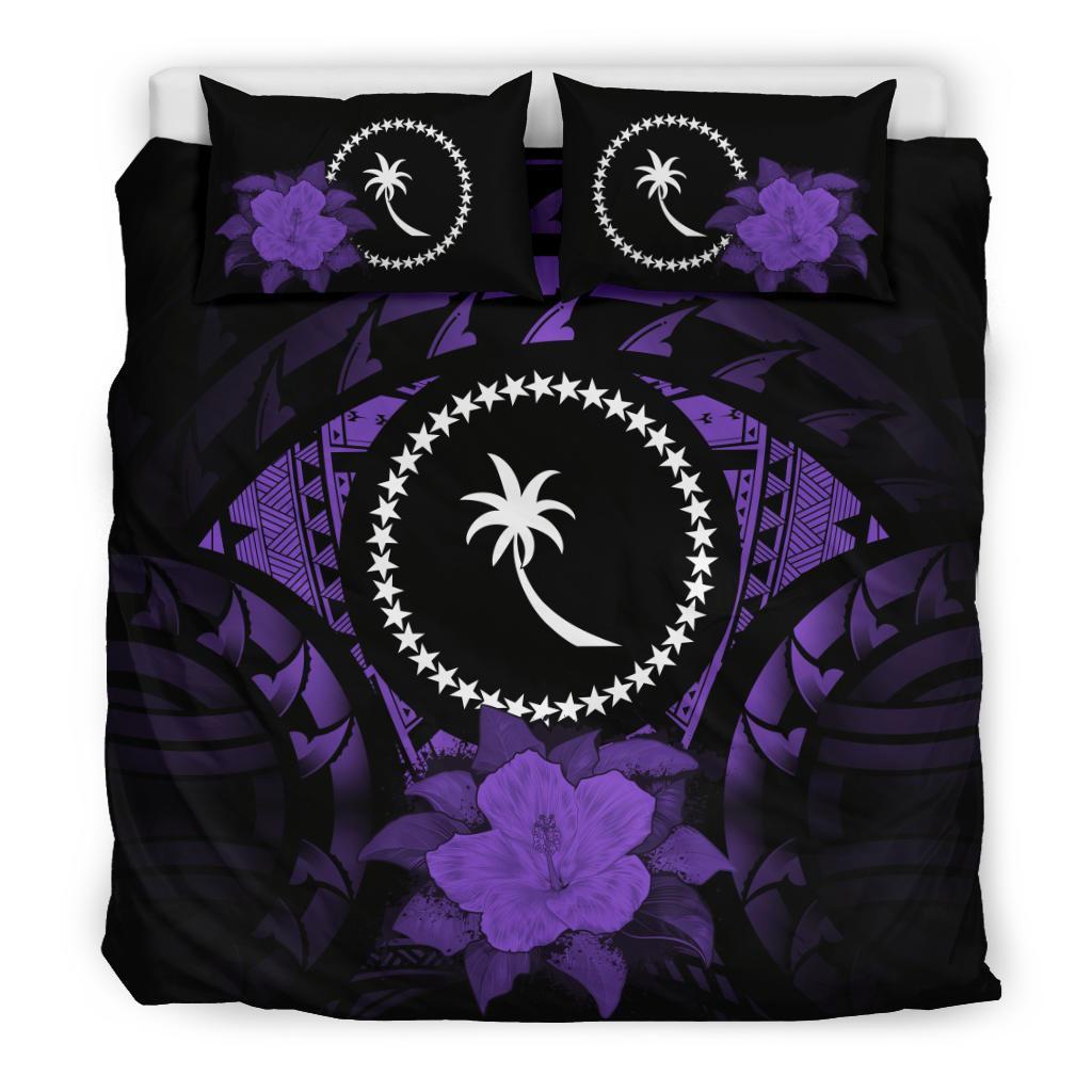 Chuuk Duvet Cover Set - Chuuk Flag & Purple Hibiscus Purple - Polynesian Pride