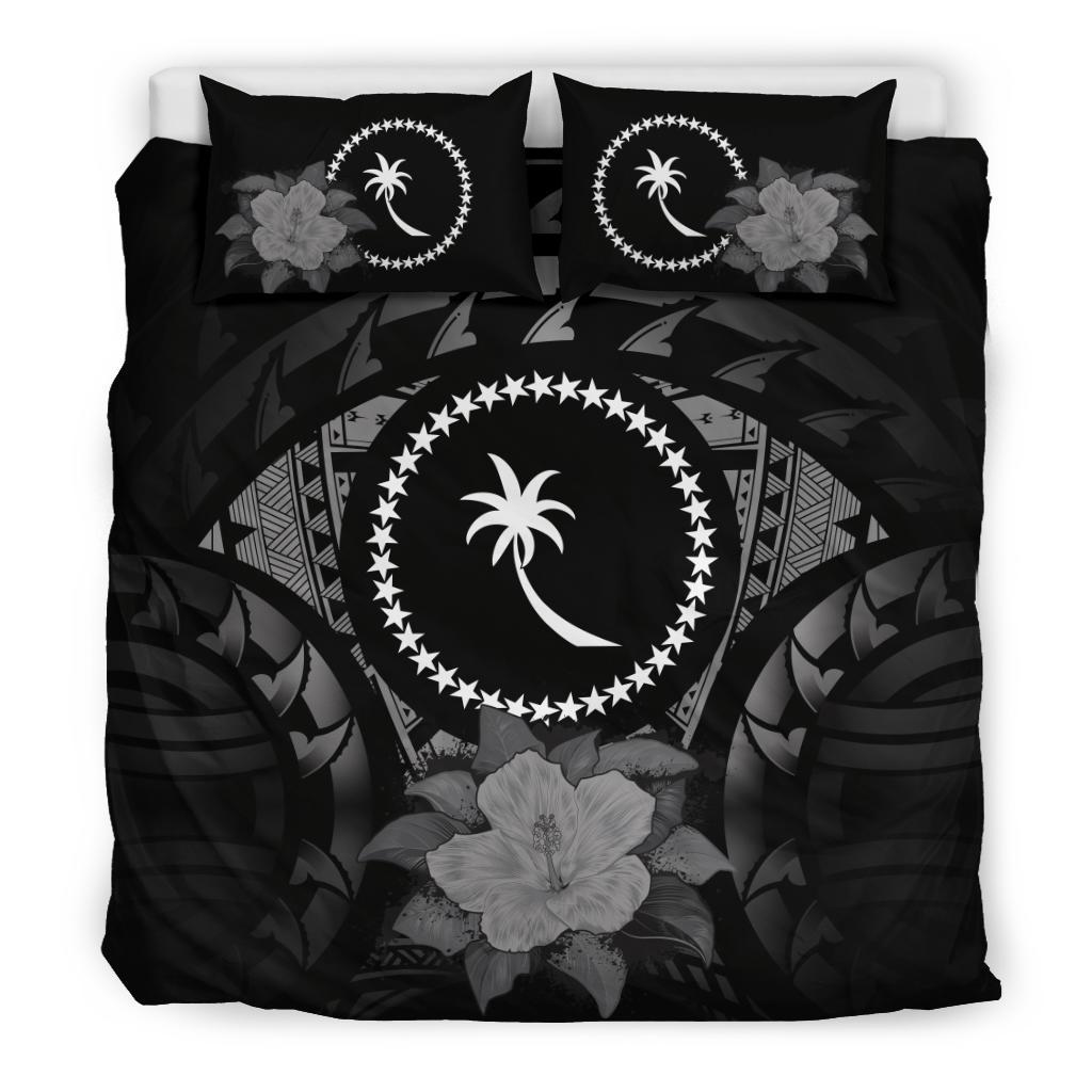 Chuuk Duvet Cover Set - Chuuk Flag & Gray Hibiscus Gray - Polynesian Pride