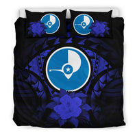Yap Duvet Cover Set - Yap Flag & Dark Blue Hibiscus Blue - Polynesian Pride