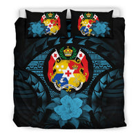 Tonga Duvet Cover Set - Tonga Coat Of Arms & Blue Hibiscus Blue - Polynesian Pride