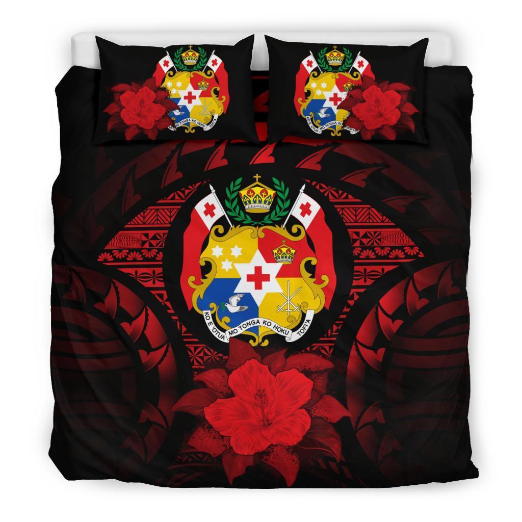 Tonga Duvet Cover Set - Tonga Coat Of Arms & Red Hibiscus Red - Polynesian Pride