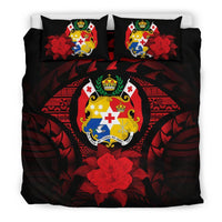 Tonga Duvet Cover Set - Tonga Coat Of Arms & Red Hibiscus Red - Polynesian Pride