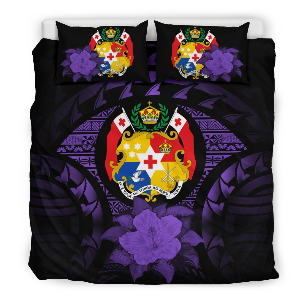 Tonga Duvet Cover Set - Tonga Coat Of Arms & Purple Hibiscus Purple - Polynesian Pride
