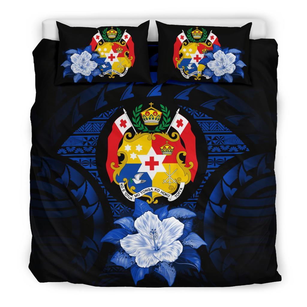 Tonga Duvet Cover Set - Tonga Coat Of Arms & Dark Blue Hibiscus Blue - Polynesian Pride