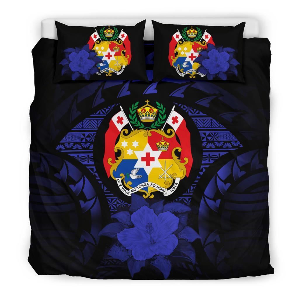 Tonga Duvet Cover Set - Tonga Coat Of Arms & Dark Blue Hibiscus Blue - Polynesian Pride