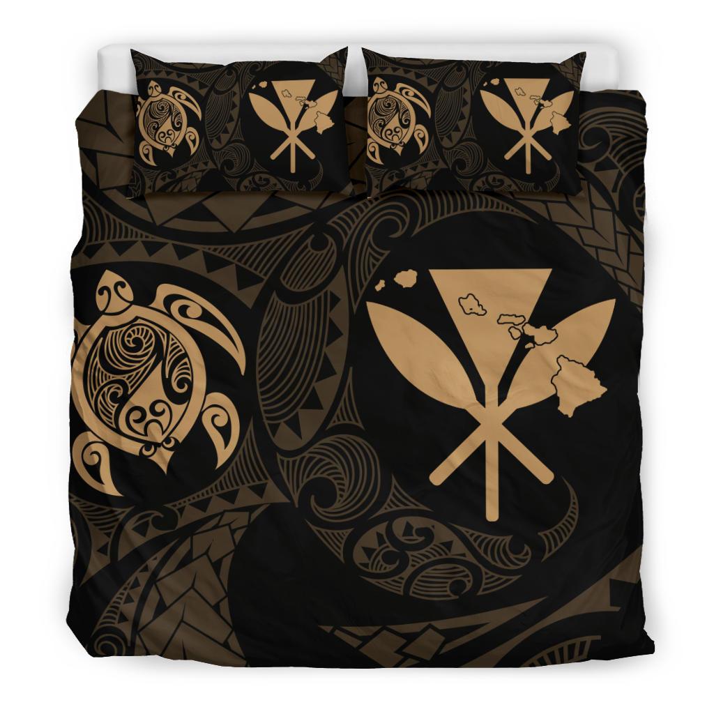 Hawaiian Map Kanaka Maoli Turtle Polynesian Bedding Set Gold - Polynesian Pride
