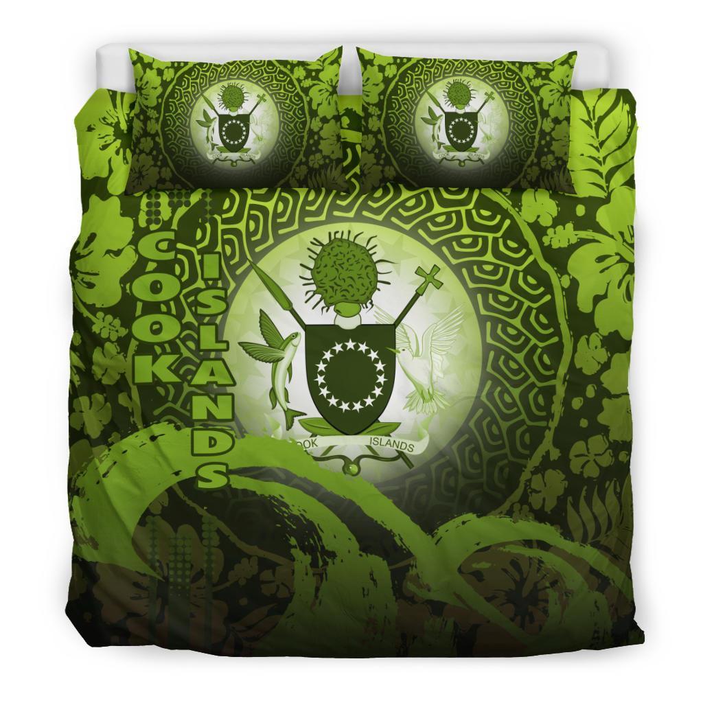 Cook Islands Duvet Cover Set - Cook Islands Coat Of Arms Wave and Hibiscus Green Green - Polynesian Pride