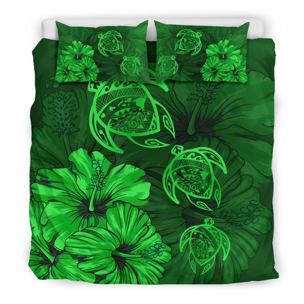Hawaiian Map Turtle Hibiscus Vintage Polynesian Bedding Set Green - Polynesian Pride