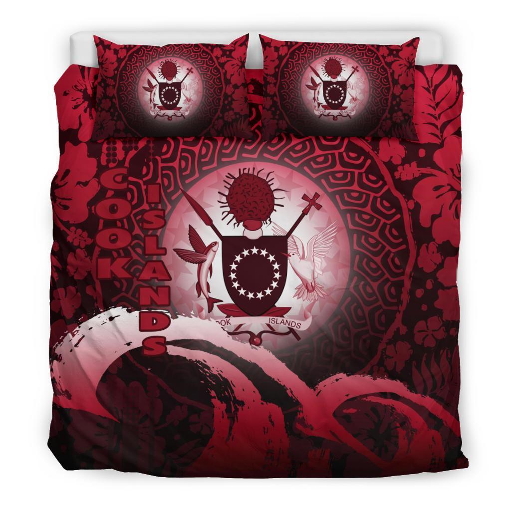 Cook Islands Duvet Cover Set - Cook Islands Coat Of Arms Wave and Hibiscus Red Green - Polynesian Pride