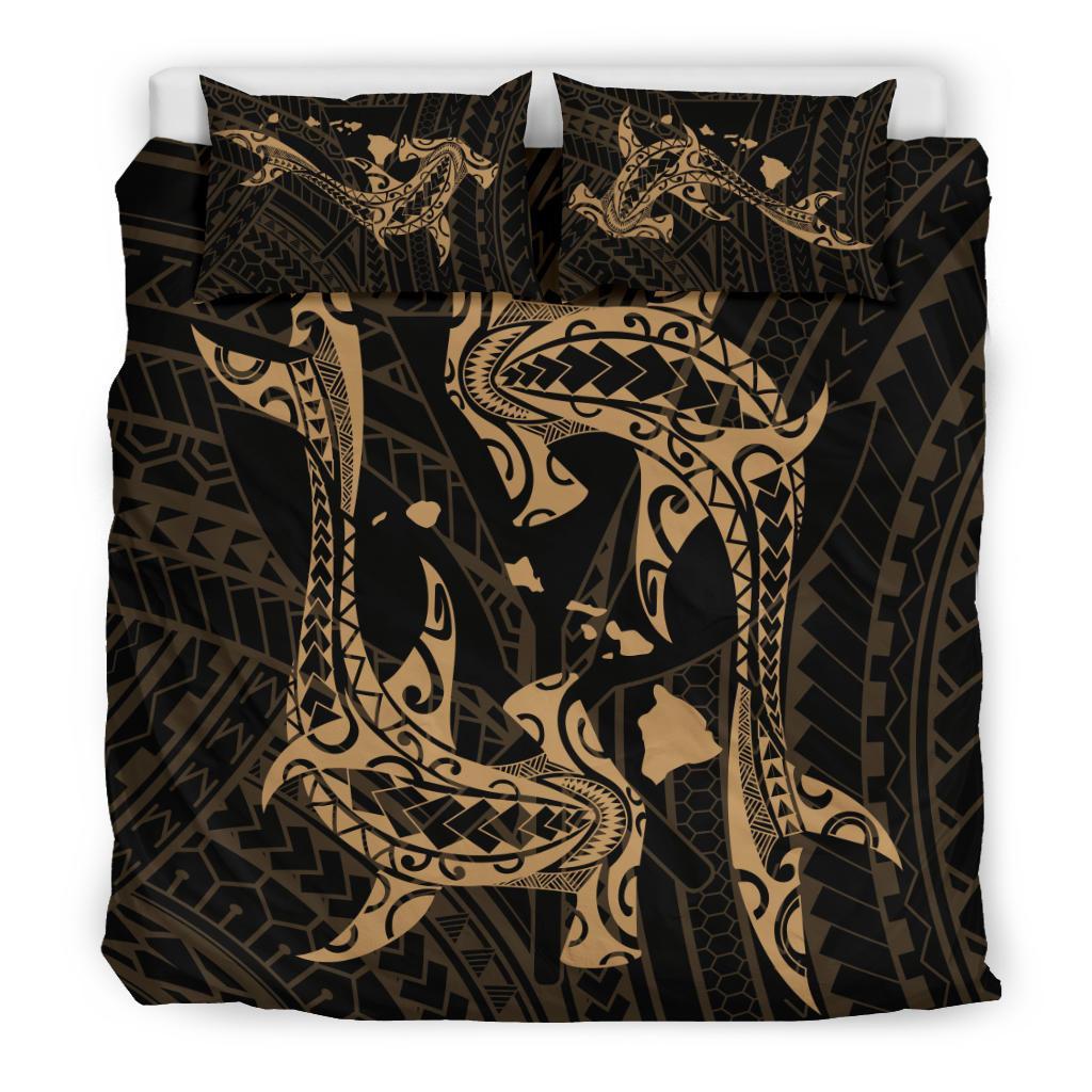 Hawaiian Map Hamerhead Shark Yin Yang Polynesian Bedding Set - Gold - Polynesian Pride
